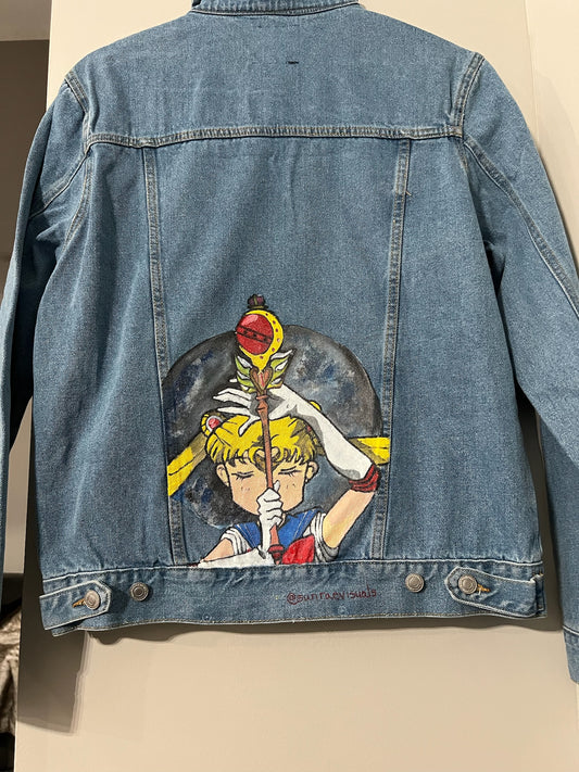 "Sailor Moon Tribute" Hand-Painted Denim Jacket - Wearable Art
