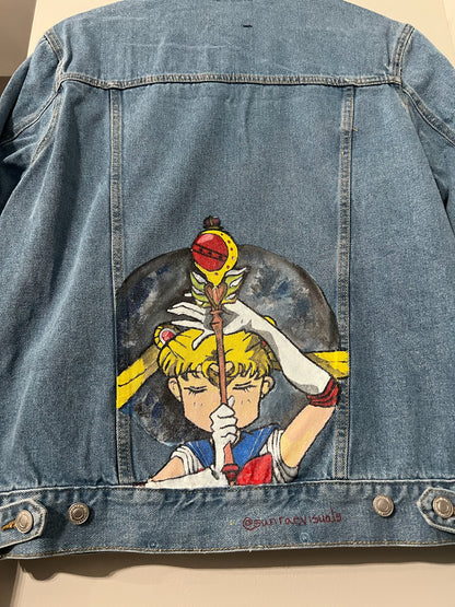 "Sailor Moon Tribute" Hand-Painted Denim Jacket - Wearable Art