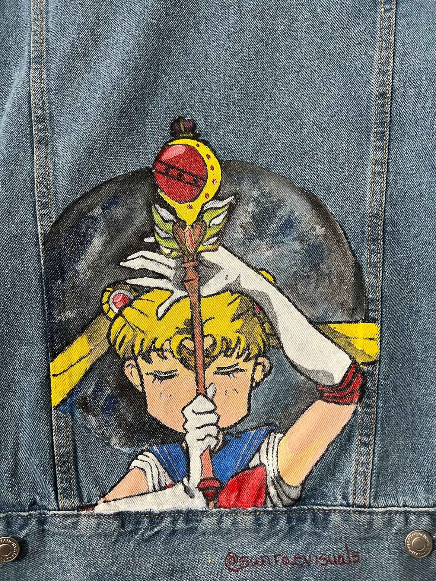 "Sailor Moon Tribute" Hand-Painted Denim Jacket - Wearable Art