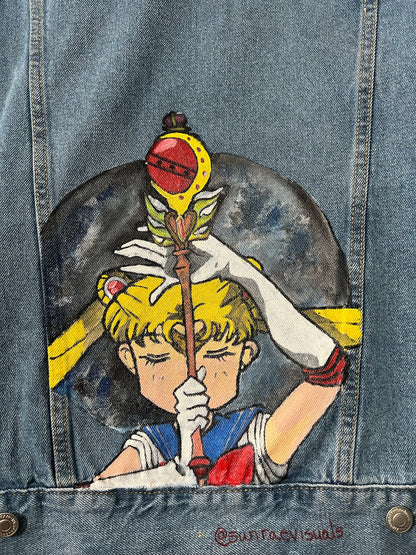 "Sailor Moon Tribute" Hand-Painted Denim Jacket - Wearable Art