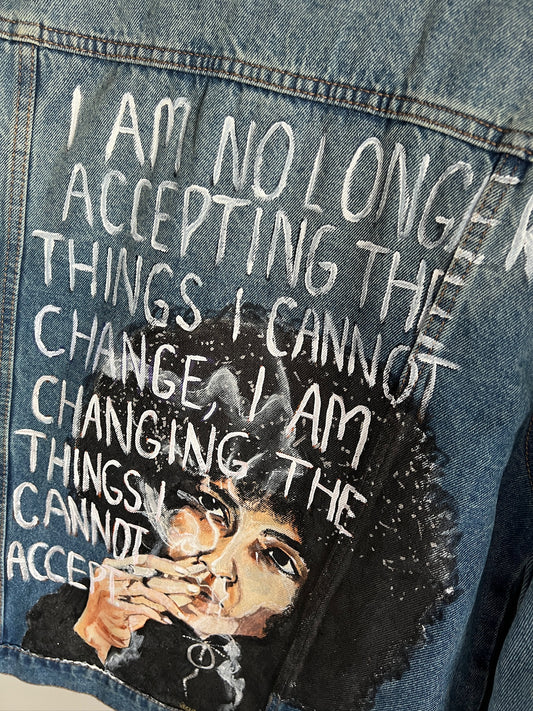"Angela Davis Tribute" Hand-Painted Denim Jacket - Wearable Art