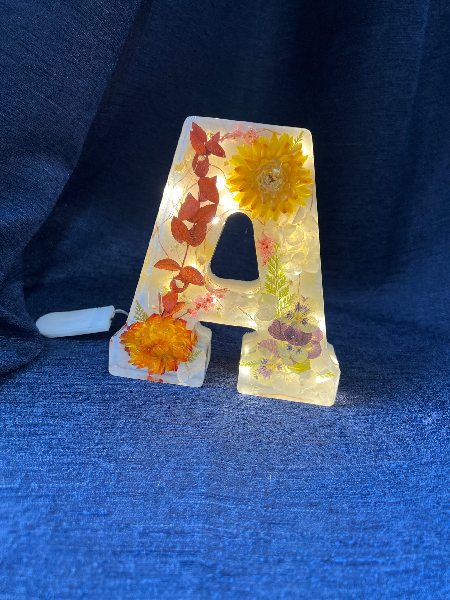 Personalized Resin Letters with Real Flowers and Fairy Lights - Made to Order