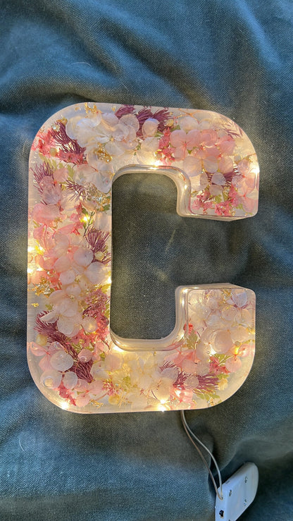 Personalized Resin Letters with Real Flowers and Fairy Lights - Made to Order