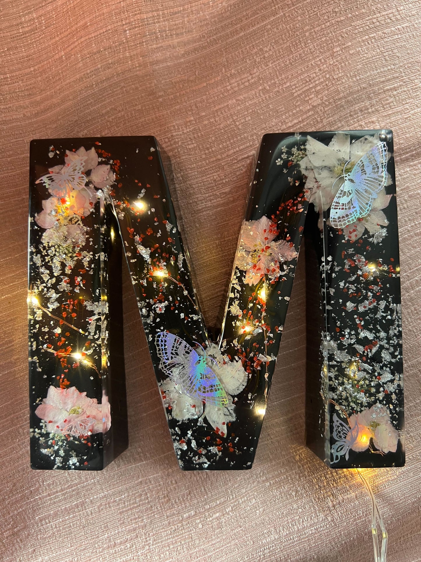 Personalized Resin Letters with Real Flowers and Fairy Lights - Made to Order