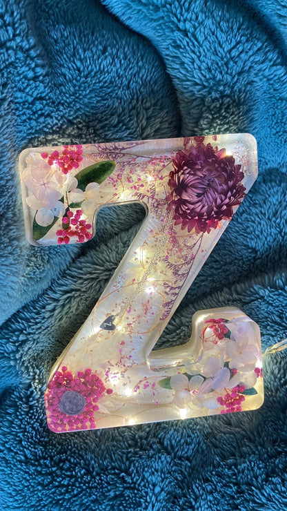 Personalized Resin Letters with Real Flowers and Fairy Lights - Made to Order